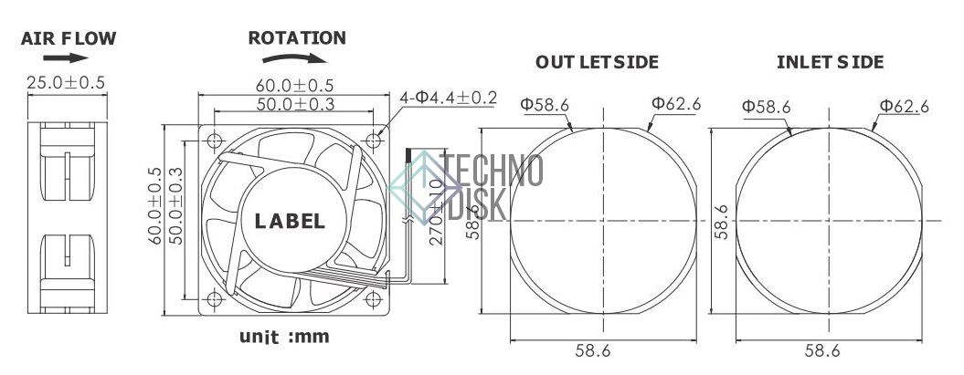 Вентилятор 6025H48B PELKOMOTORS D6025X48B 60x60x25 48V 0.08A 3.84W 6500 оборотов в мин  0.83m3/min 43.64 dBA осевой постоянного тока промышленный охлаждающий